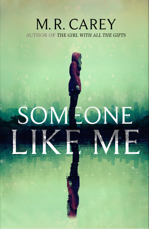 The book cover showing a woman or girl in a red hoodie standing in front of a pale green background. Her reflection as if in a lake can be seen below her, only that the reflection is looking in the other direction than her.