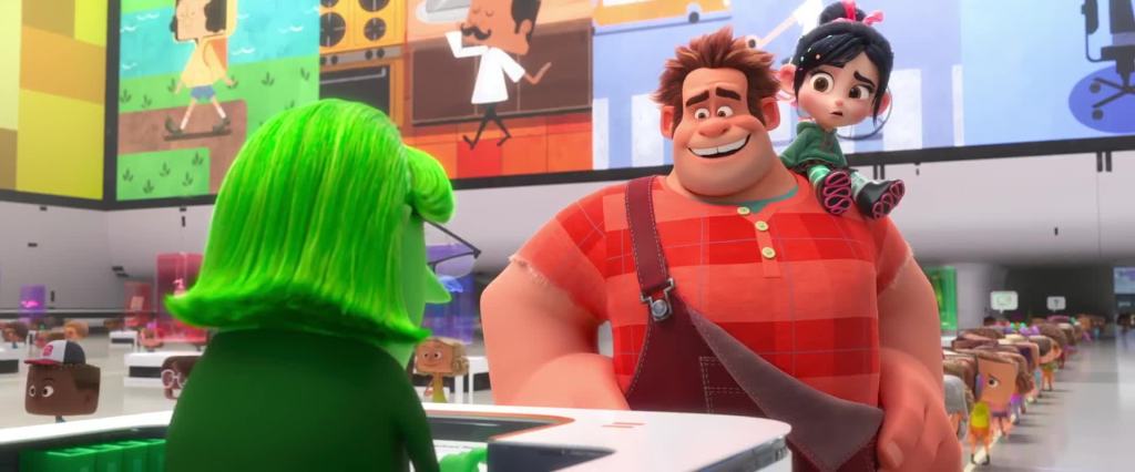 Ralph with Vanellope sitting on his shoulder, aksing about something at an information desk with a green woman.