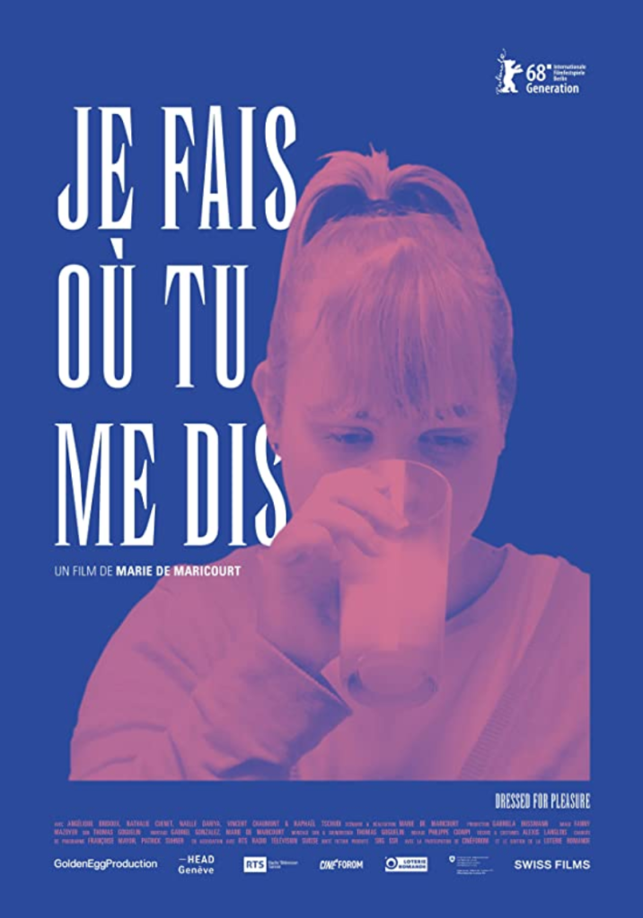 The film poster showing Sarah (Angélique Bridoux) drinking from a glass of milk. She is in pink monochrome on a blue background.