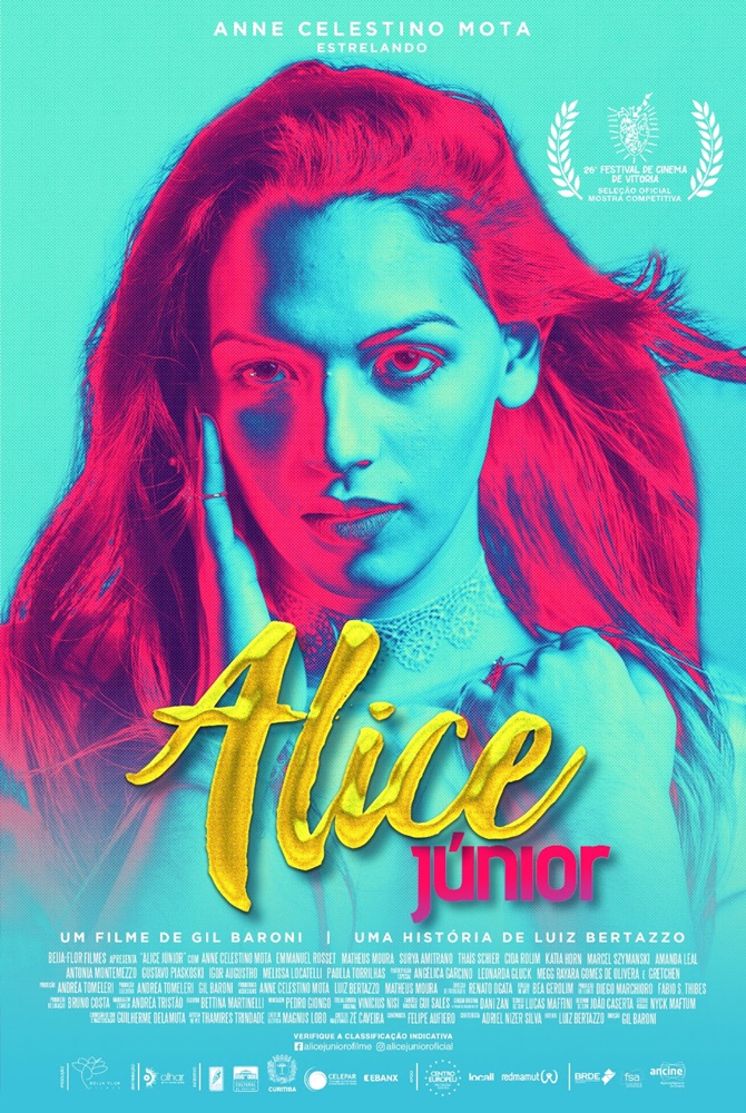 The film poster showing a pink and blue headshot of Alice Júnior (Anna Celestino Mota).