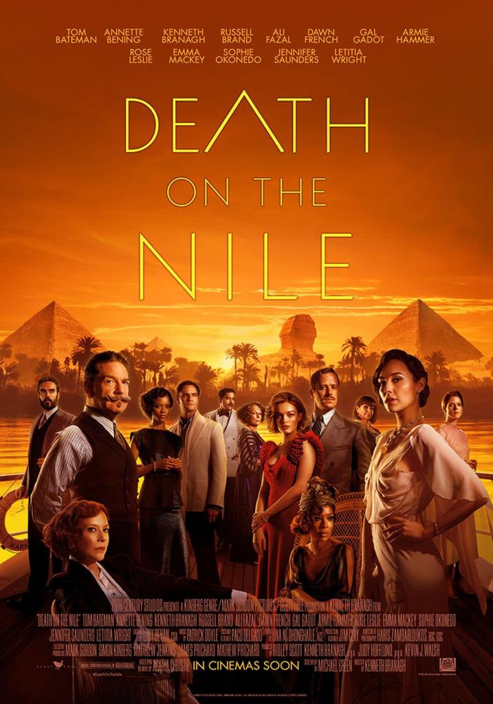 The film poster showing the large cast of characters on a staemer on the Nile, behind them the pyramids and the sphynx.