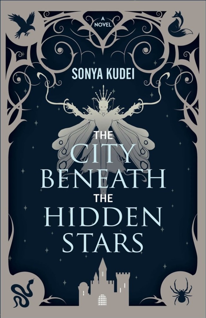 The book cover showing a figure wearing a coat that looks a bit like a moth in front of a starry night sky. 