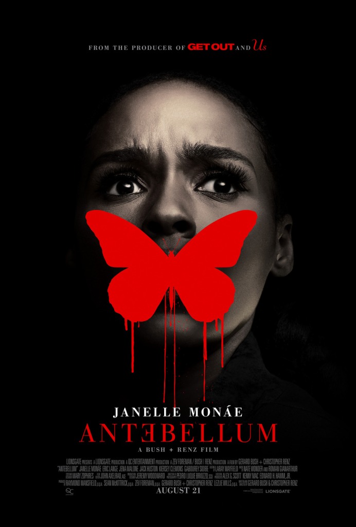 The film poster showing Veronica (Janelle Monáe) with a red butterfly printed in dripping red over her mouth. 
