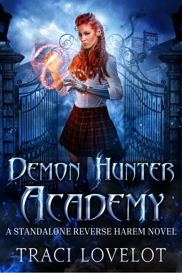 The book cover showing a red-haird woman in a school uniform with a metal arm. Her other hand has light swirling around it.