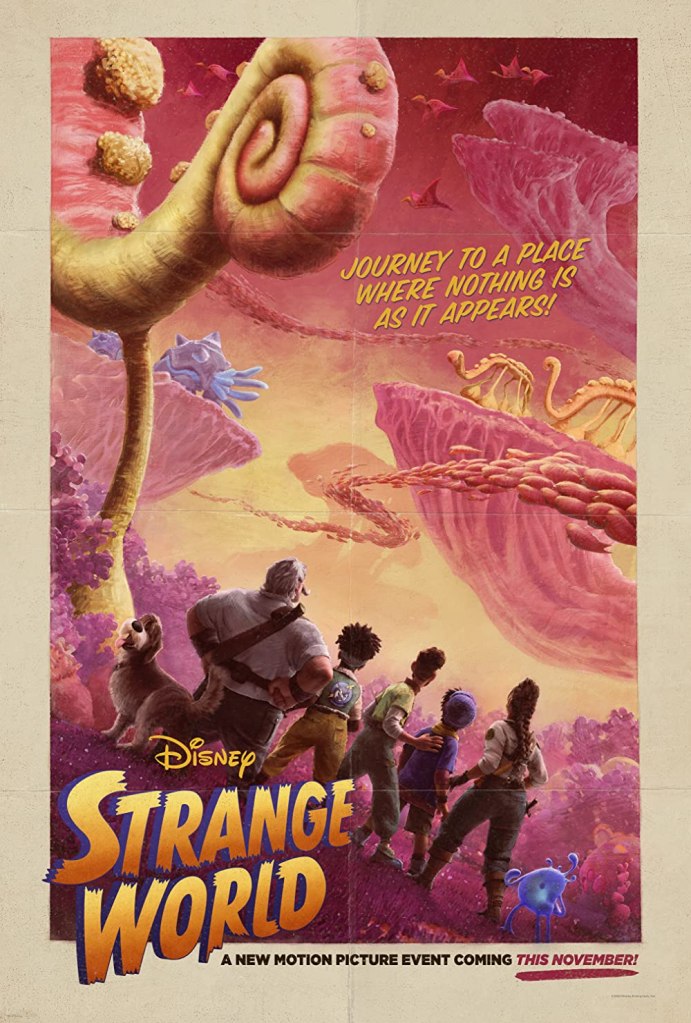 The film poster showing the Clade family and Callisto, as well as a blue blob-like figure looking at a pink world with a flying swarm of animals that could be fish.