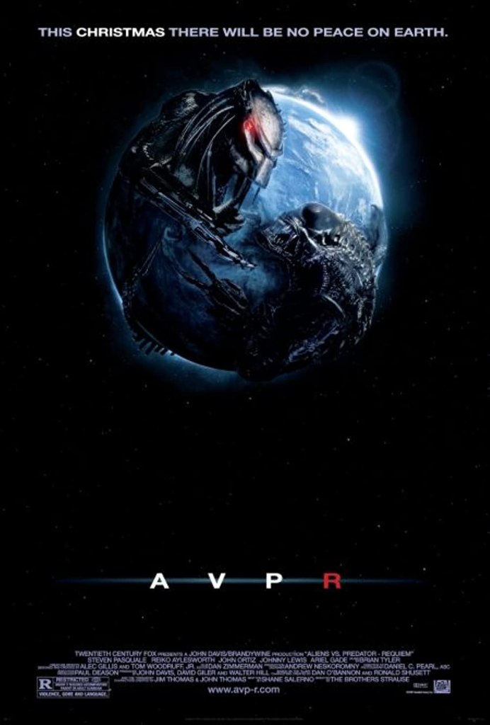 The film poster showing a Predator and an Alien wrapped around the globe, facing each other.