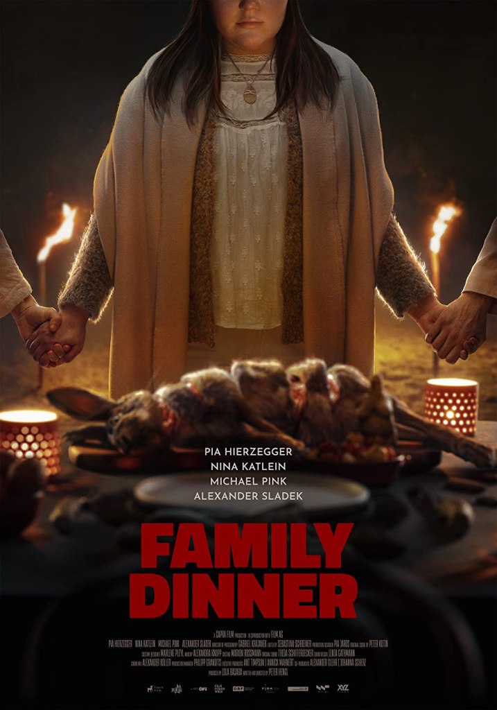 The film poster showing Simi (Nina Katlein) standing behind a table with a sliced rabbit on it, holding hands with two people out of frame.