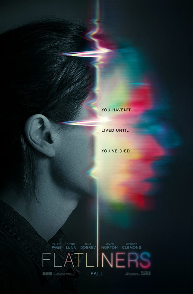 The film poster showing a head in profile. A cardiac line is running vertically through the image. On the right side of it, the face is blurred and prismed into colors.