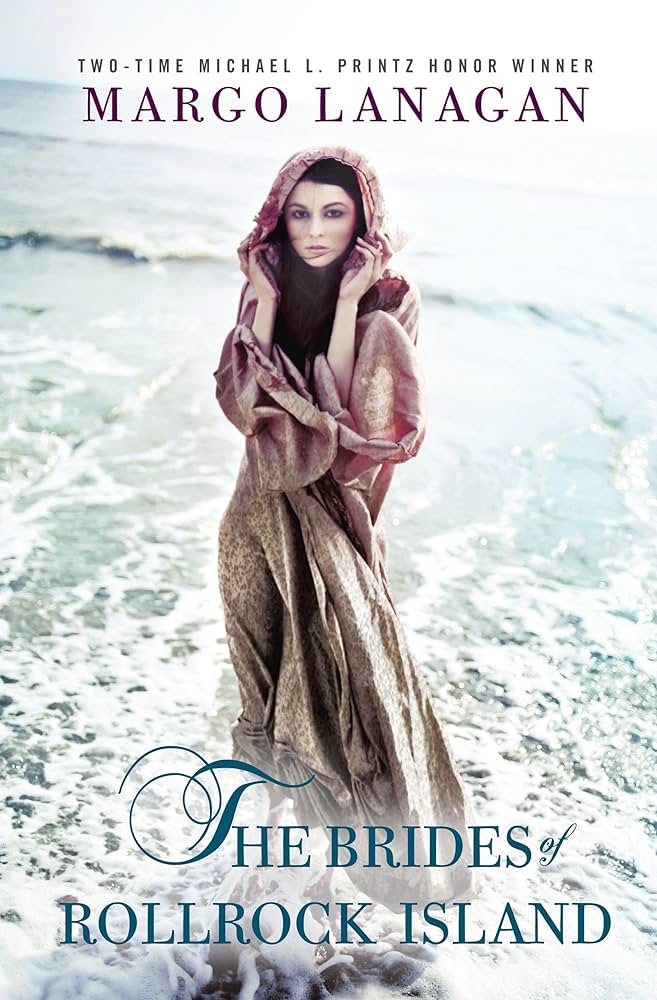The book cover showing a young woman draped in a cloth or a very wide dress standing in the sea.